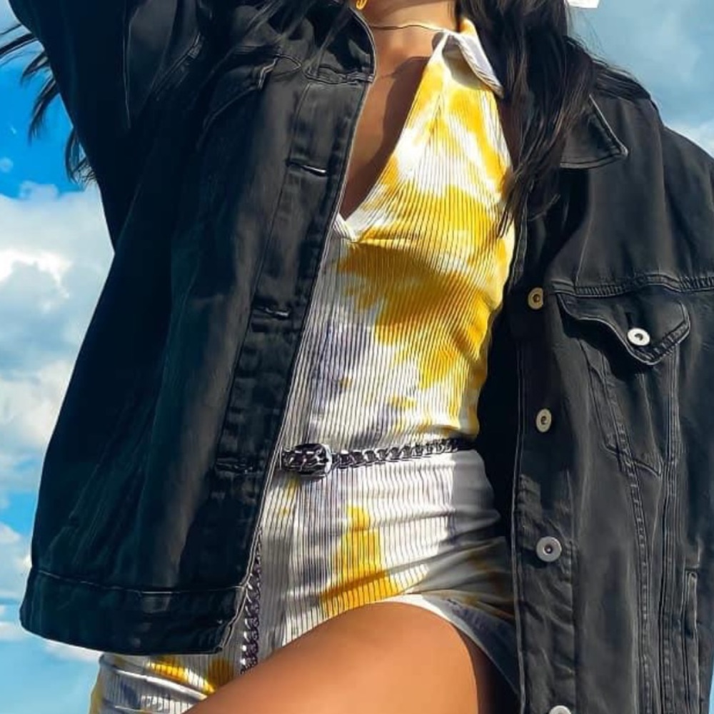 ZARA ribbed tie dye yellow and purple polo play suit, size S